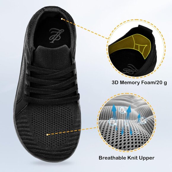 Women's Black Barefoot Wide Toe Minimalist Breathable Zero Drop Fashion Sneakers - Picture 4 of 7